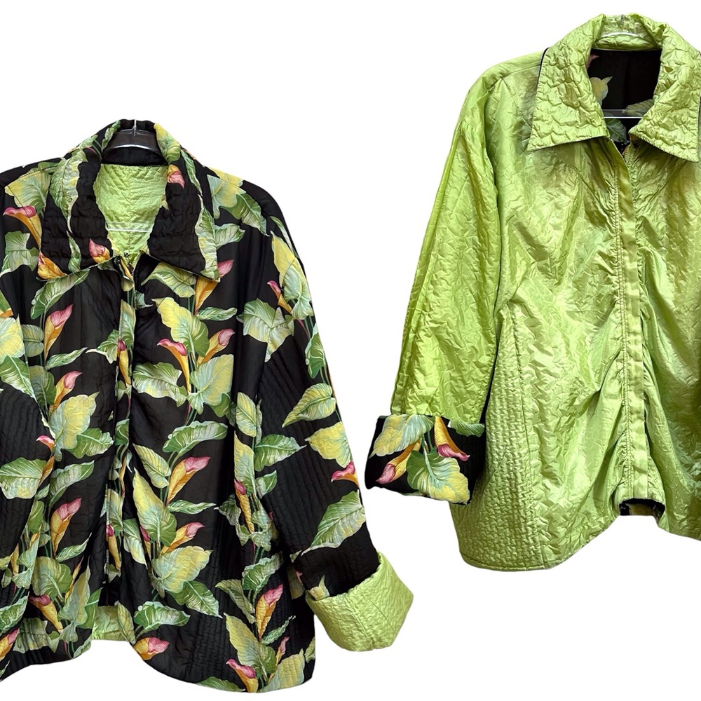 Ubu Reversible Tropical Floral Calla Lilly Quilted Jacket / Shacket Lime Green